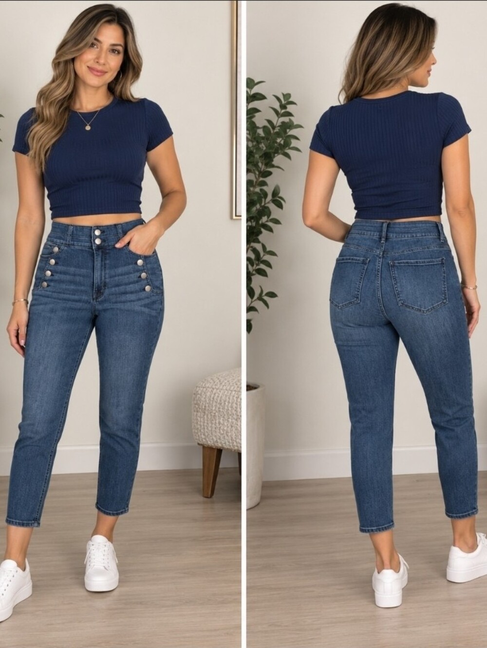 Express High-Rise Navy Blue Women's Jeans with Button Detail cropped 12R
